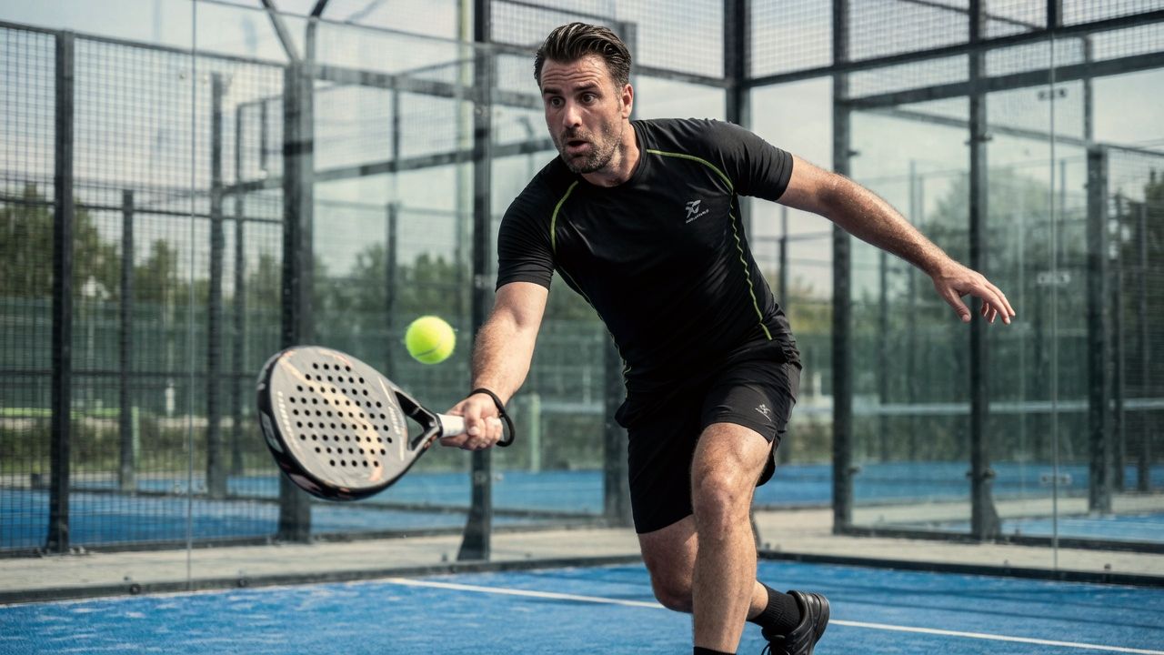 Andreas Ehstand beim Padel-Schlag auf einem blauen Platz