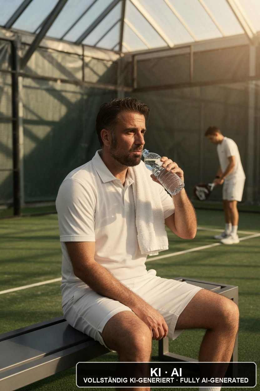 Andreas Ehstand macht auf der Padel-Bank eine Trinkpause — KI-Bild / AI image