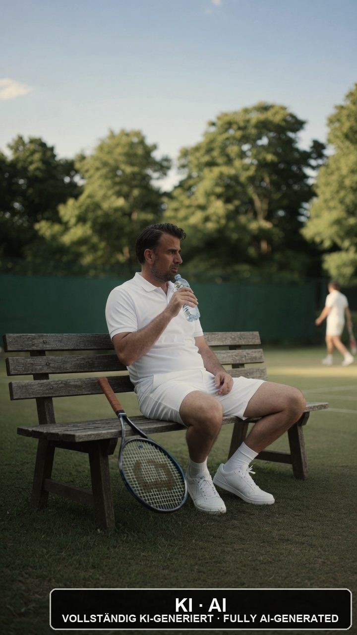 Andreas Ehstand sitzt in der Sonne auf der Platz-Bank und trinkt Wasser — KI-Bild / AI image