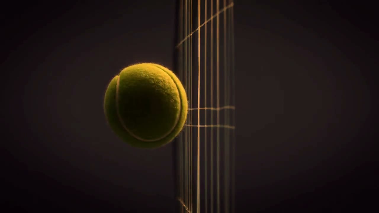 Tennis ball meeting the strings, macro still frame