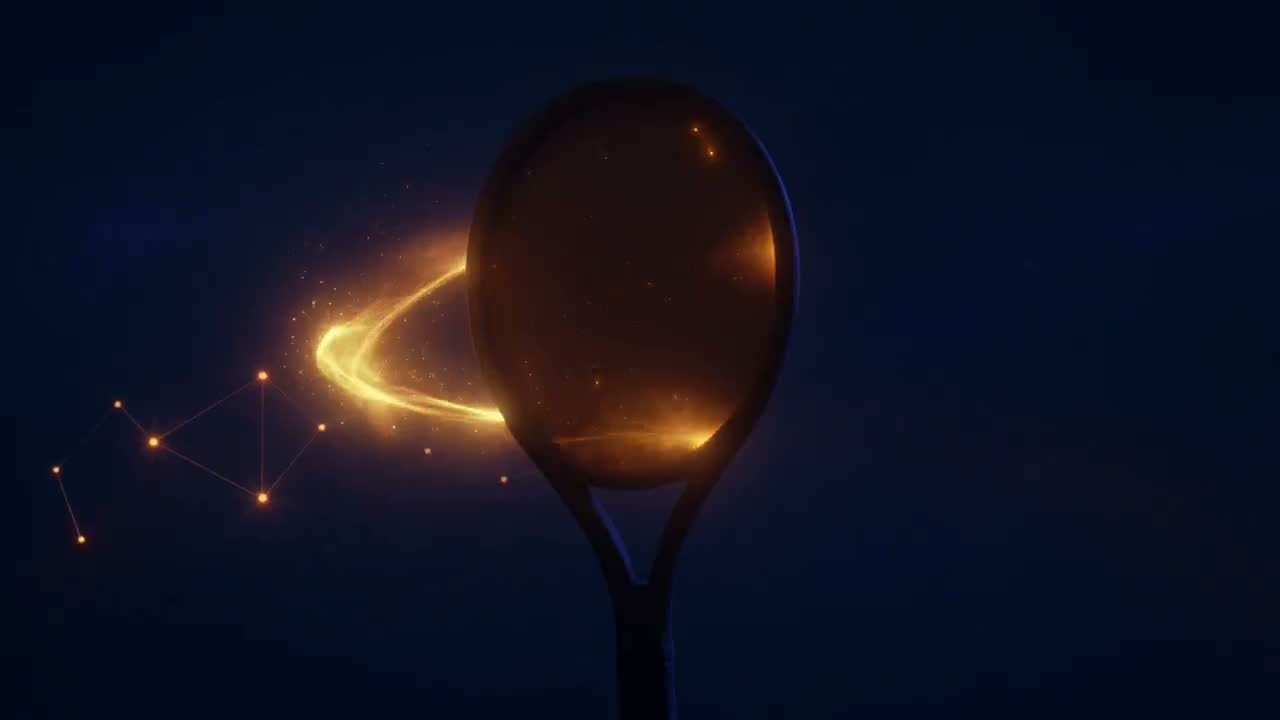 Tennis racket with a glowing data trail, still frame