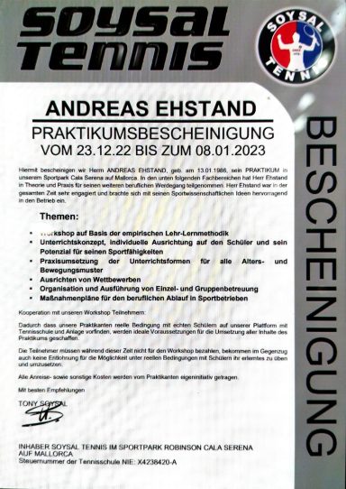 Praktikumsbescheinigung für Andreas Ehstand, gültig vom 23.12.2022 bis 08.01.2023.