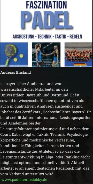 Logo und Text zu "Faszination Padel" mit Informationen zu Sport und Ausrüstung.