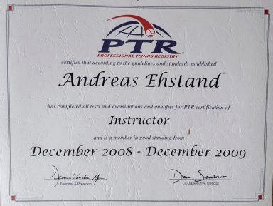 Zertifikat für Andreas Ehtstand als PTR-Instruktor, gültig von Dezember 2008 bis Dezember 2009.