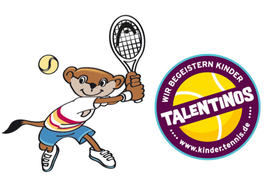 Ein schelmischer Waschbär spielt Tennis mit einem Schläger und einem Ball. Logo "Talentino".