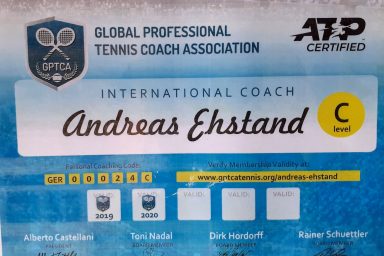 Zertifikat für Andreas Ehstand als internationaler Tenniscoach, ATP-zertifiziert.