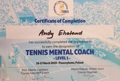 Zertifikat für Andy Ehsan über den Abschluss der Trainerqualifikation im Tennis.